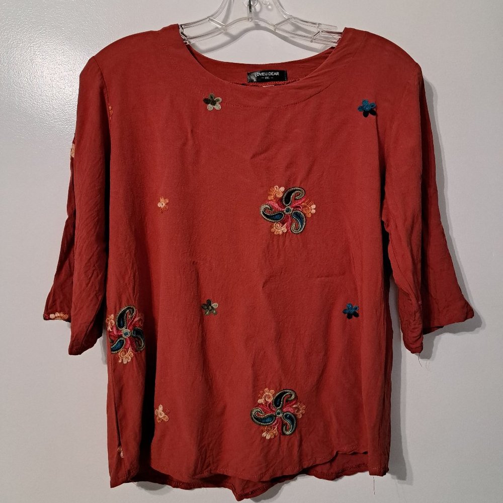 Love U Dear Coral Sienna Embroidered Floral Paisley Top Blouse XL